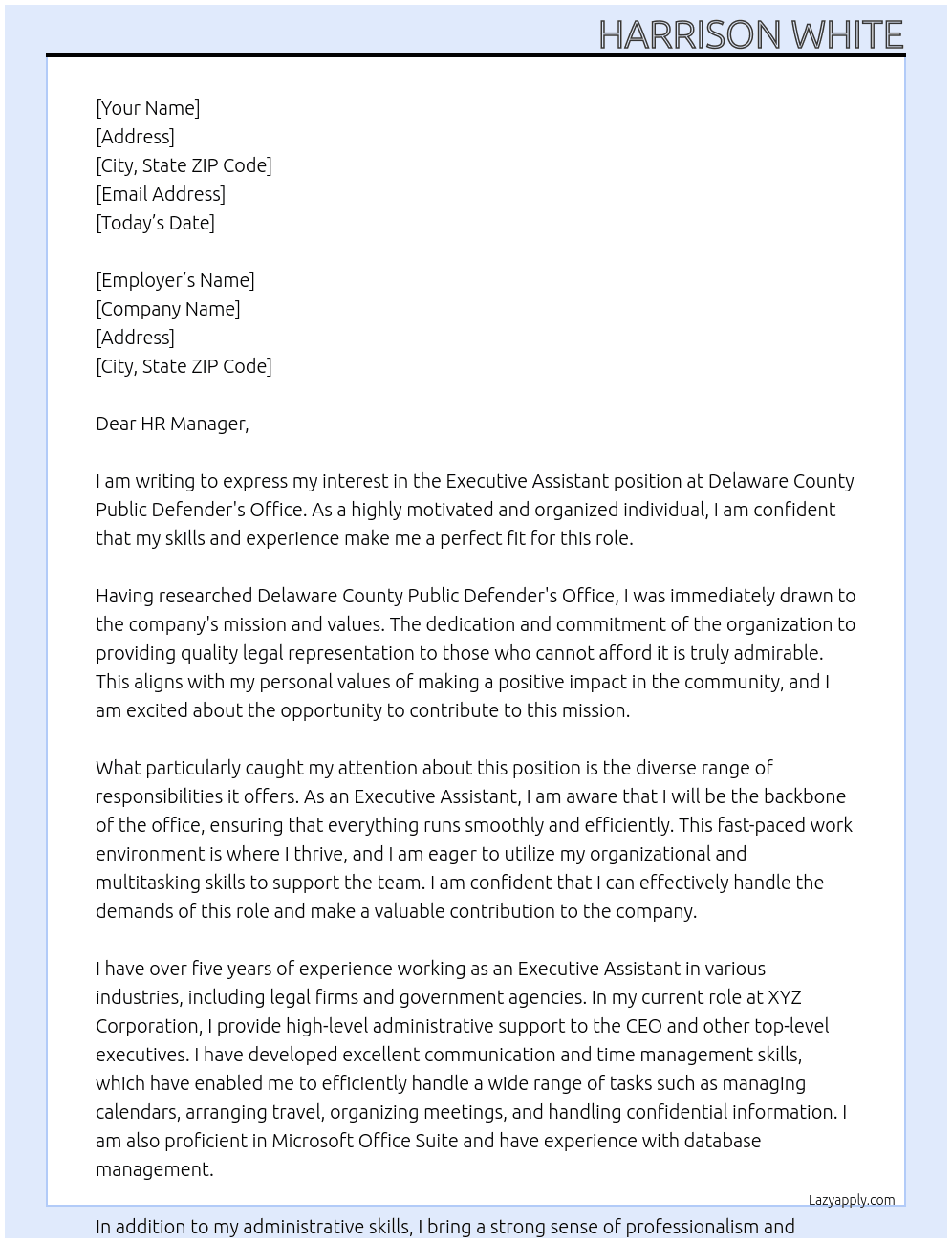Executive Assistant At Delaware County Public Defender's Office Cover Letter