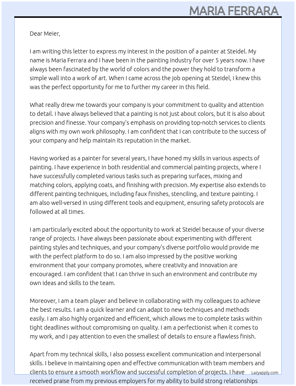 painter  At steidel Cover Letter