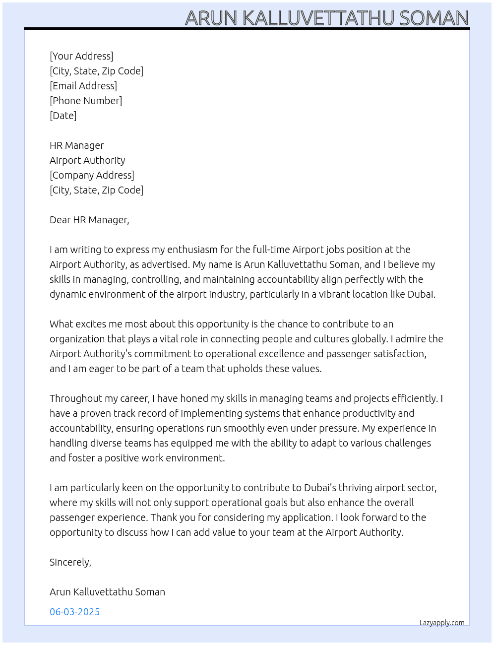 Airport jobs  At Airport authority  Cover Letter