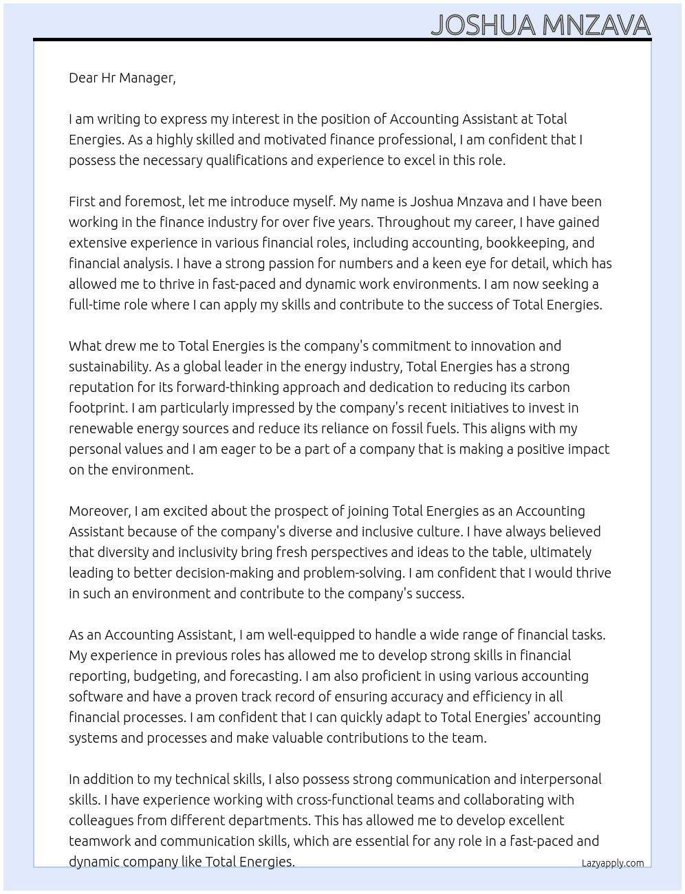 Accounting Assistant At Total Energies Cover Letter