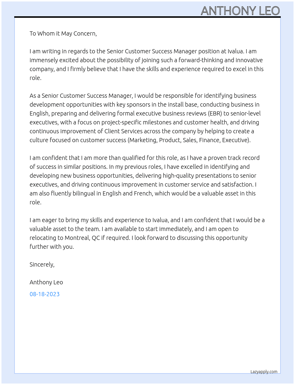 Senior Customer Success Manager At Ivalua Cover Letter