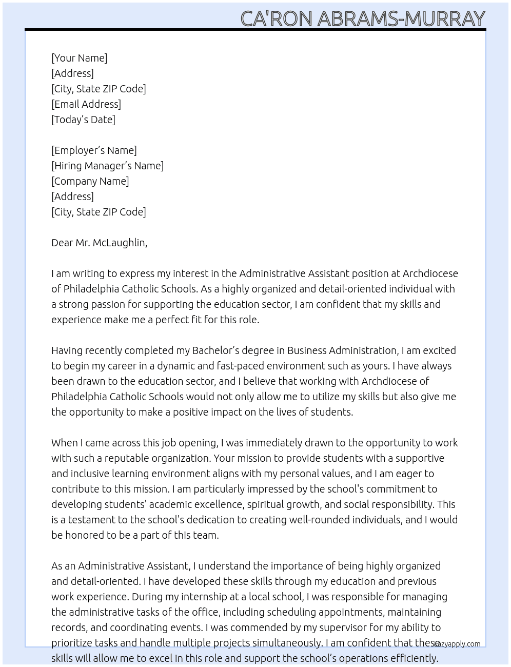 Administrative Assistant  At Archdiocese of Philadelphia Catholic Schools  Cover Letter