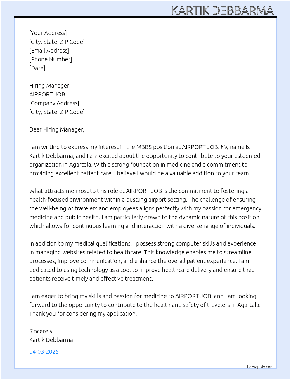 MBBS At AIRPORT JOB Cover Letter