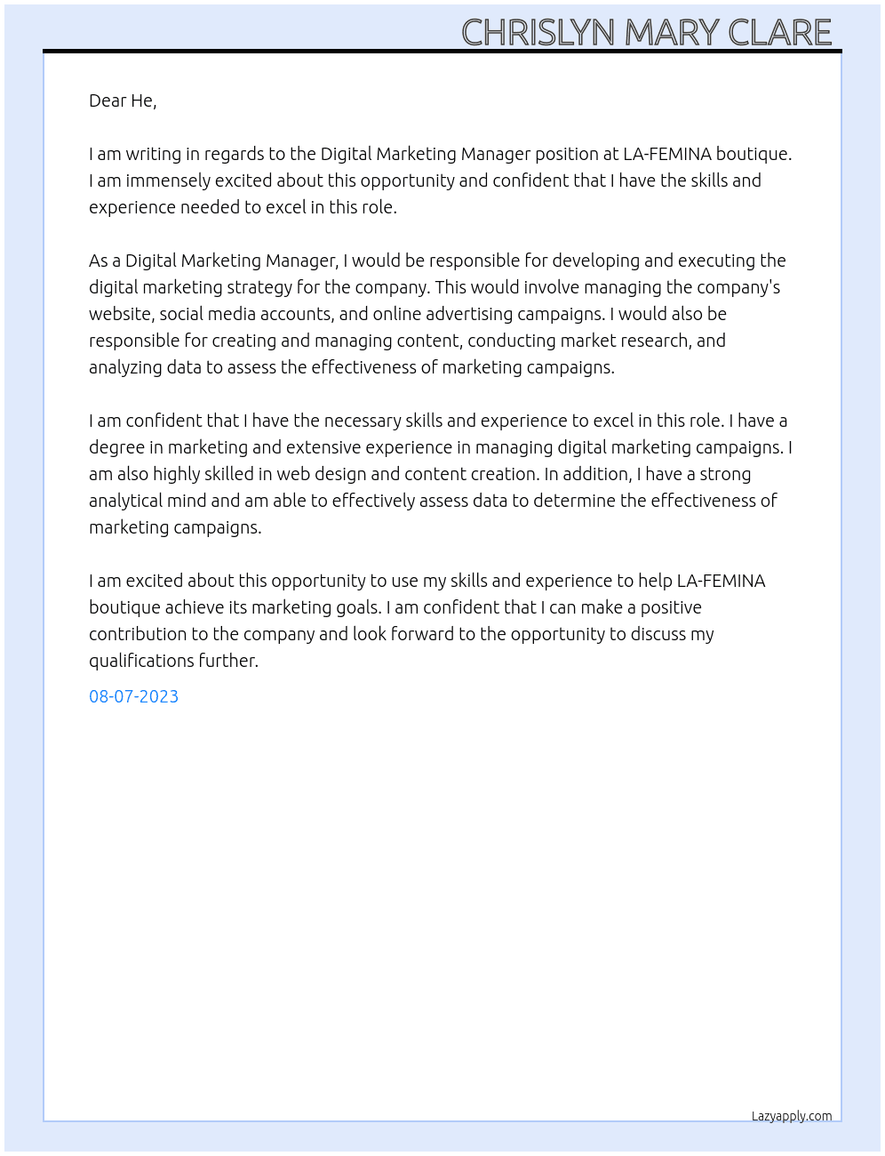 Digital marketing manager  At LA-FEMINA boutique  Cover Letter