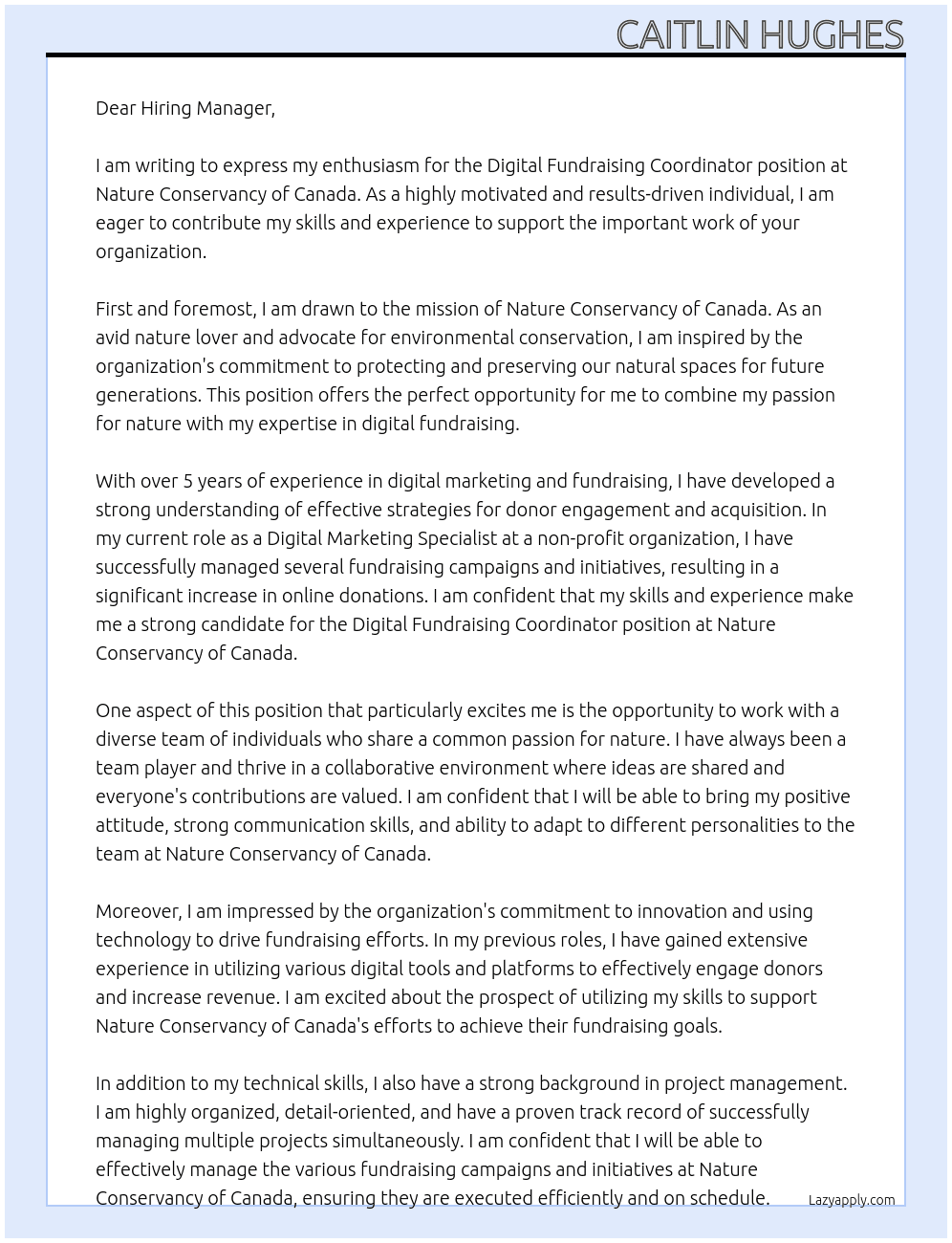 Digital Fundraising Coordinator At Nature Conservancy of Canada ( Cover Letter