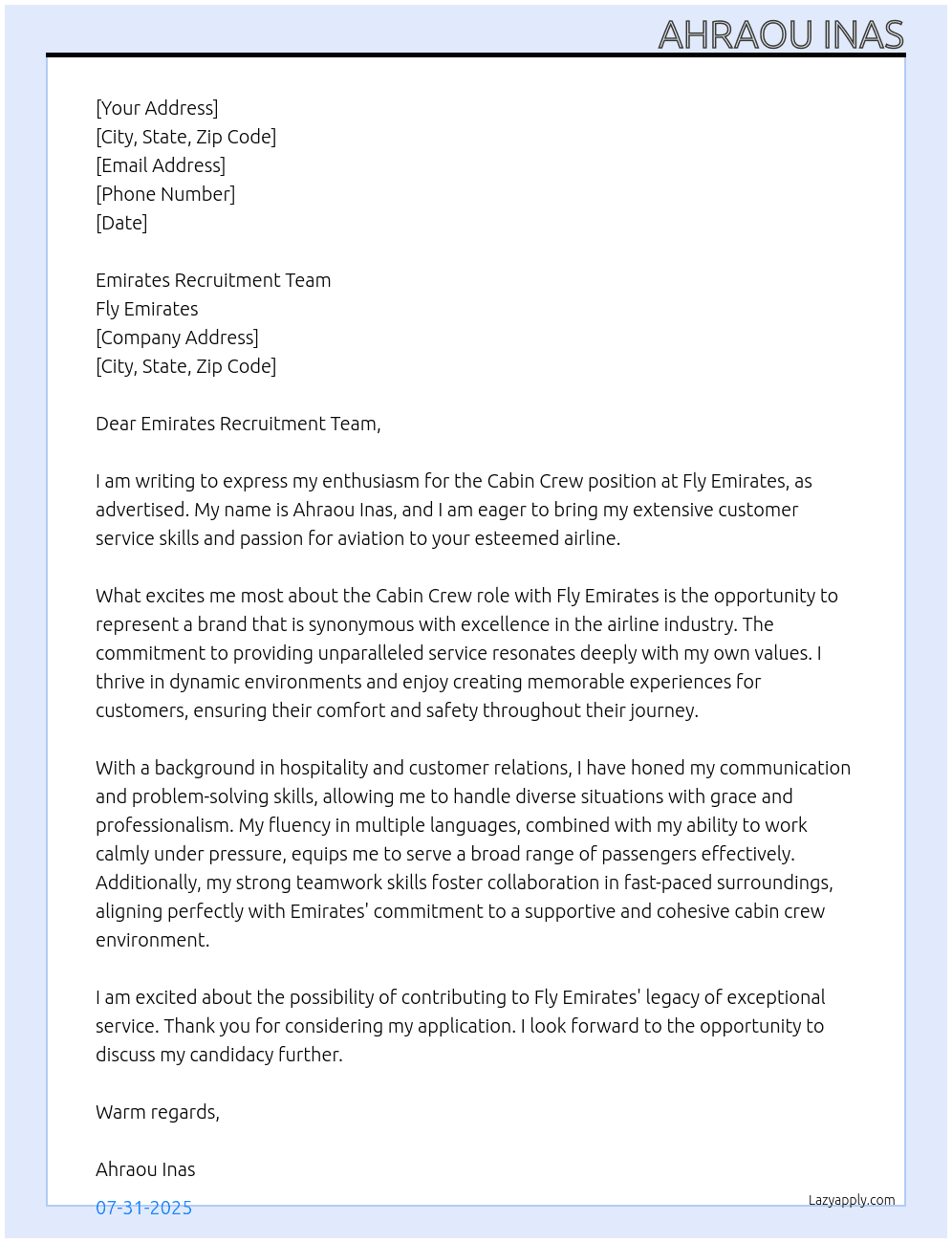 cabin crew  At fly emirates Cover Letter