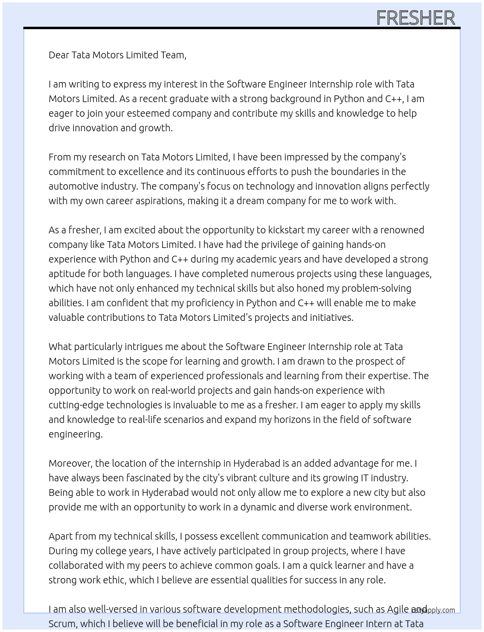 Software engineer  At Fresher  Cover Letter