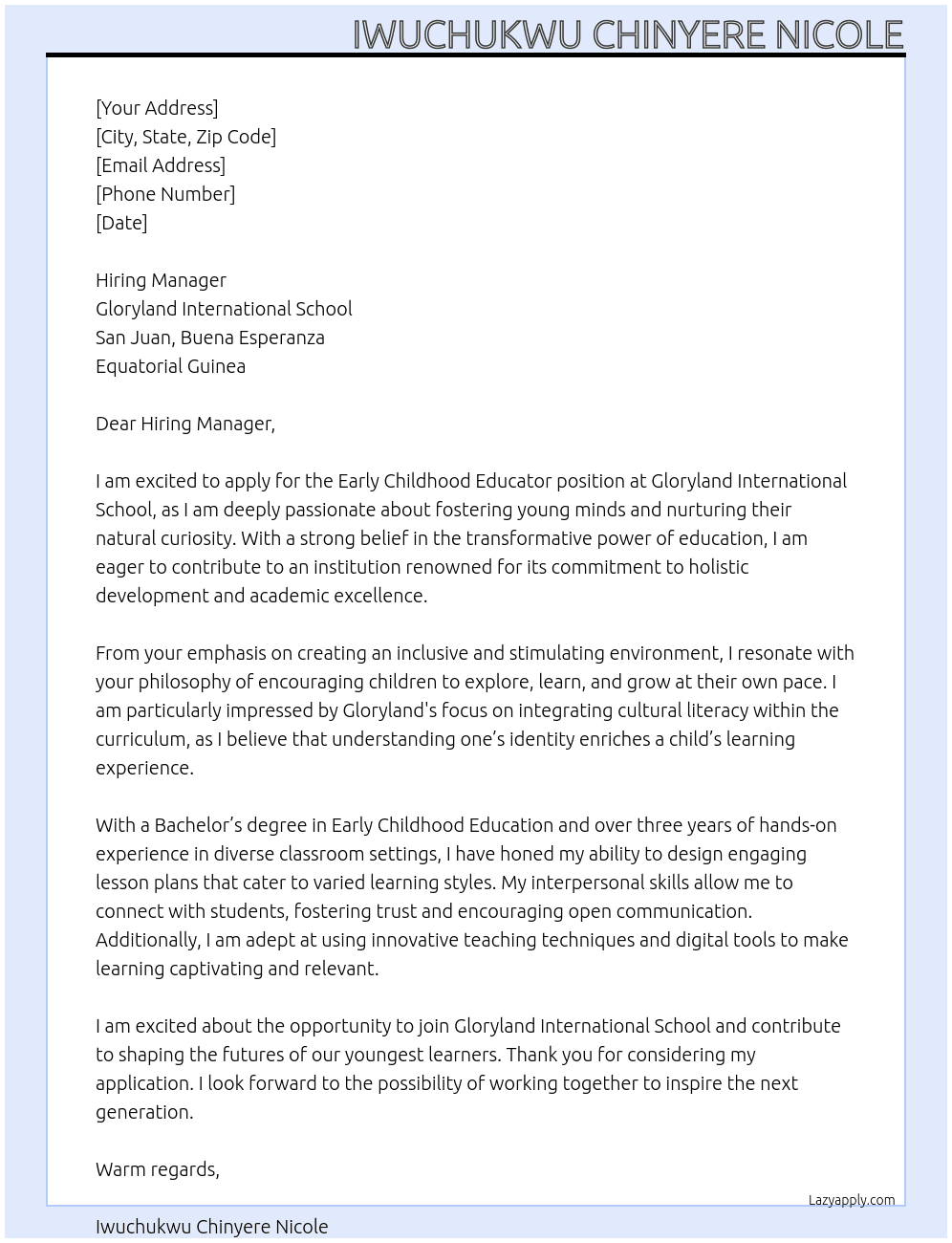 Cover letter for early child educator - LazyApply