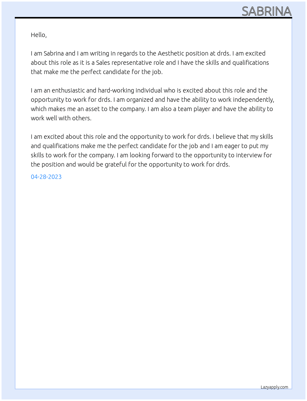 Aesthetic At drds Cover Letter