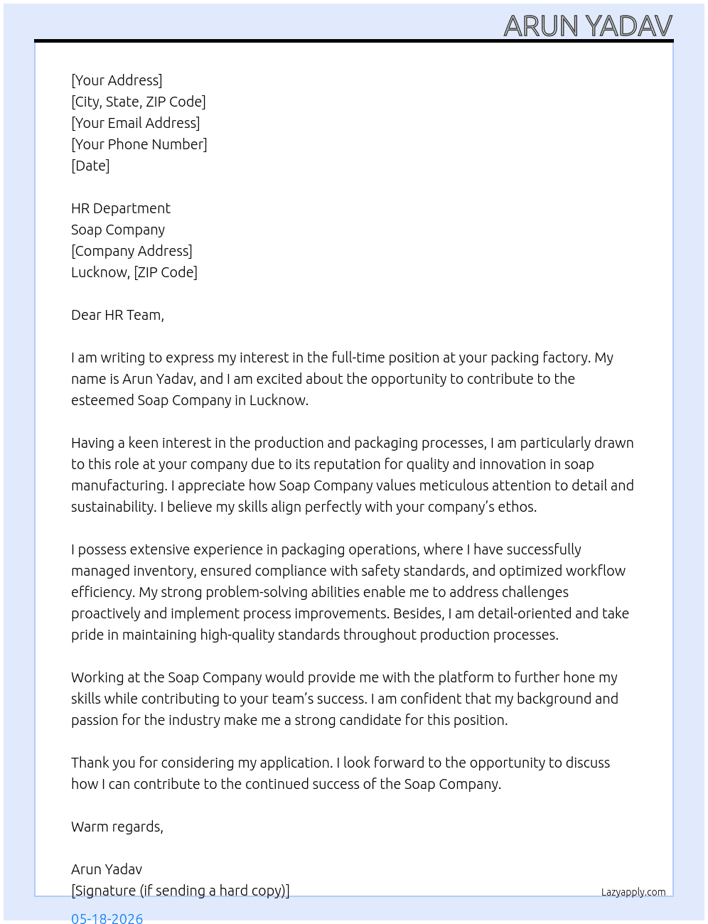 Packing factory  At Soap company  Cover Letter