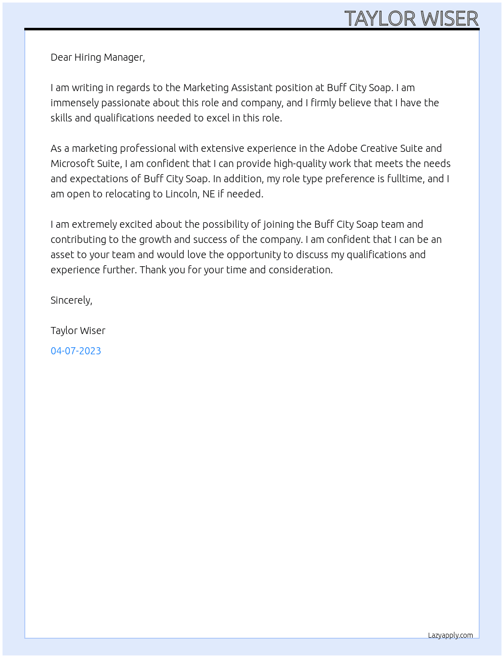 Marketing Assistant At Buff City Soap Cover Letter