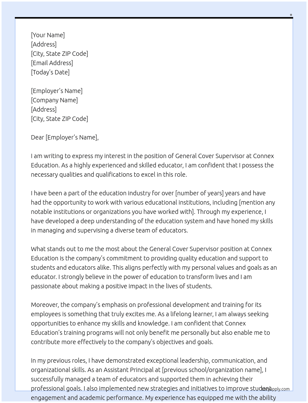 General Cover Supervisor At Connex Education Cover Letter
