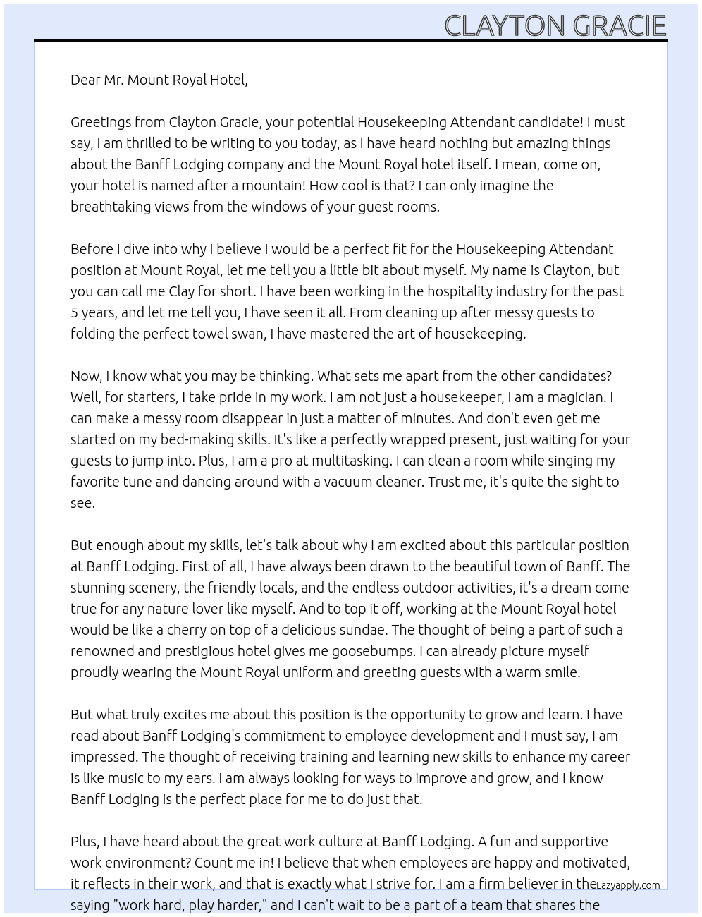 Housekeeping Attendant At Banff Lodging Cover Letter