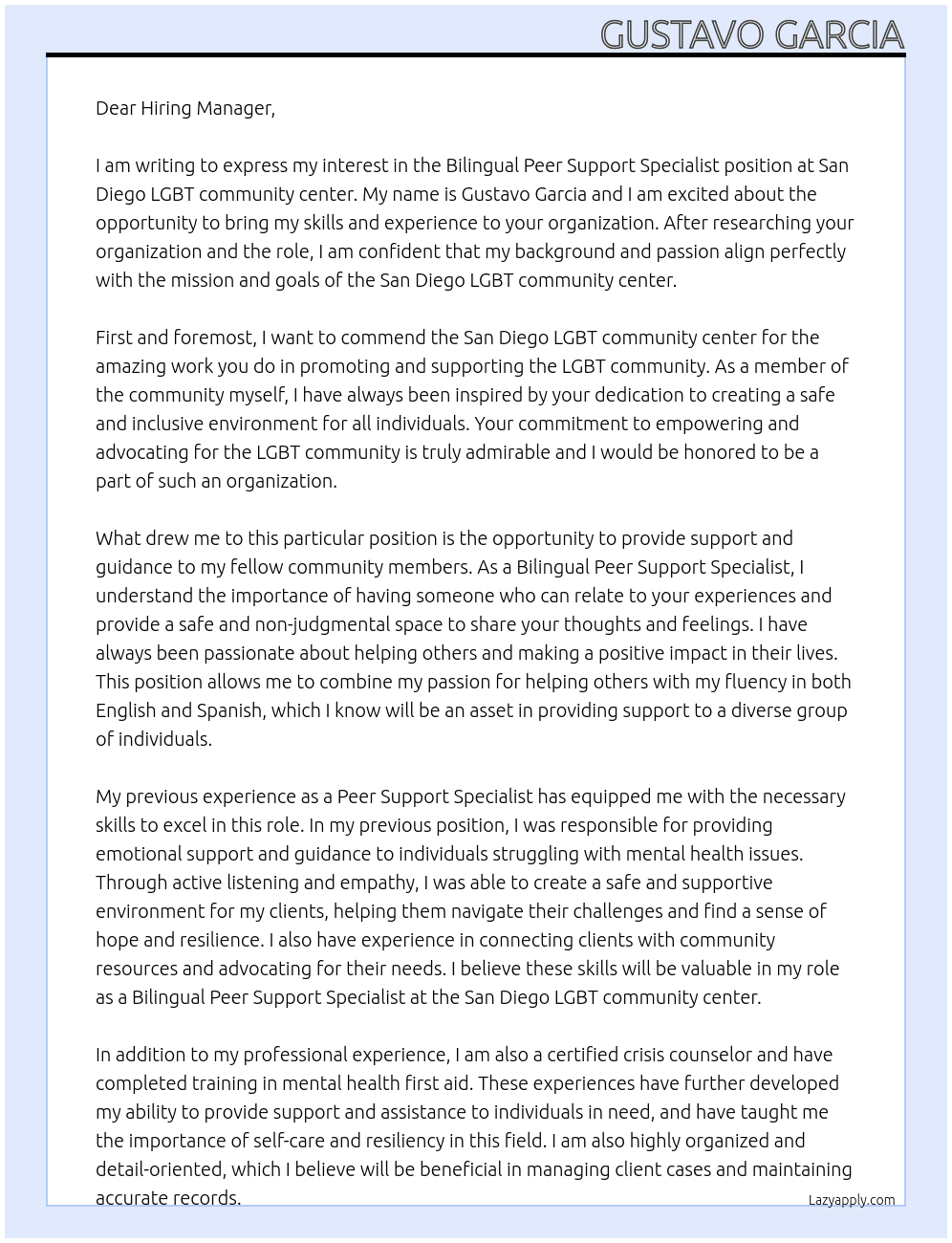  Bilingual Peer Support Specialist At San Diego LGBT community center Cover Letter