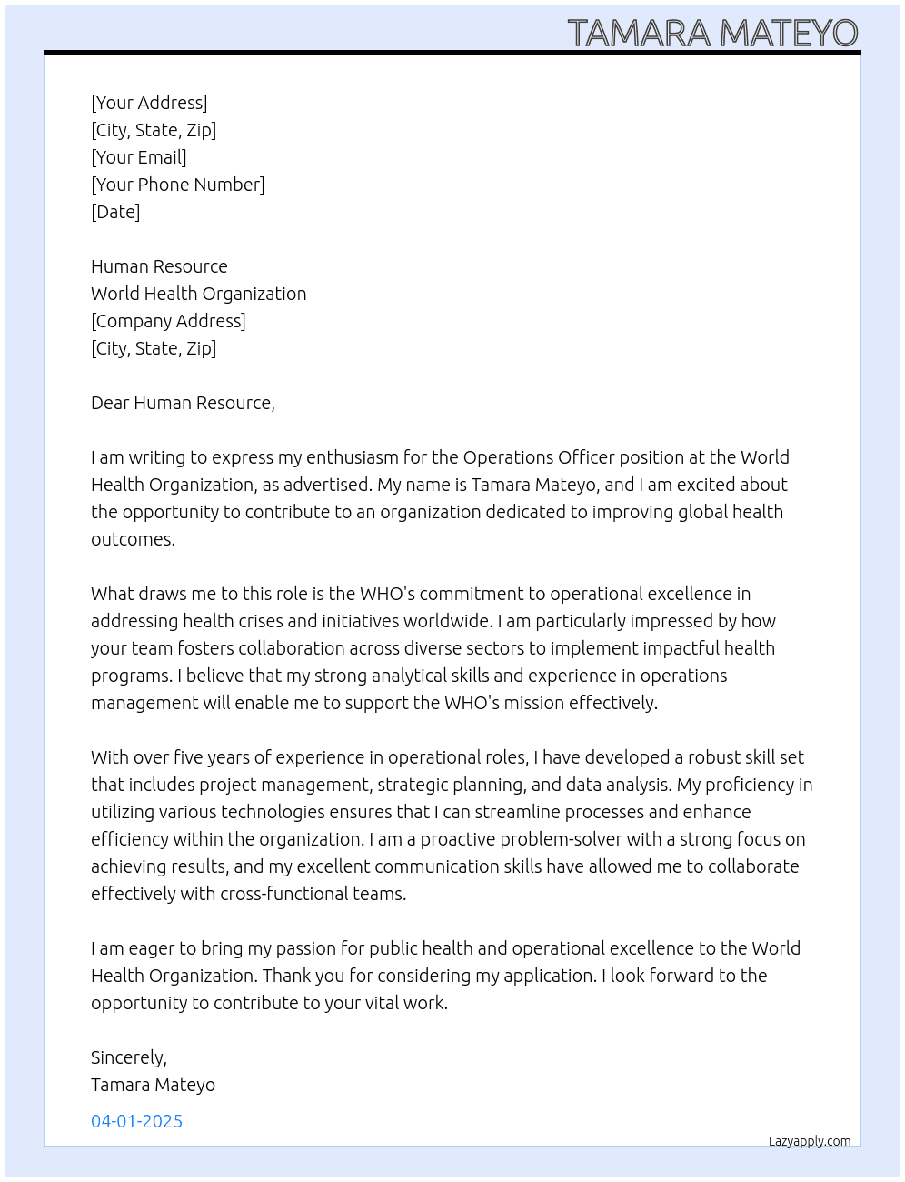 Operations Officer At World Health Organization Cover Letter