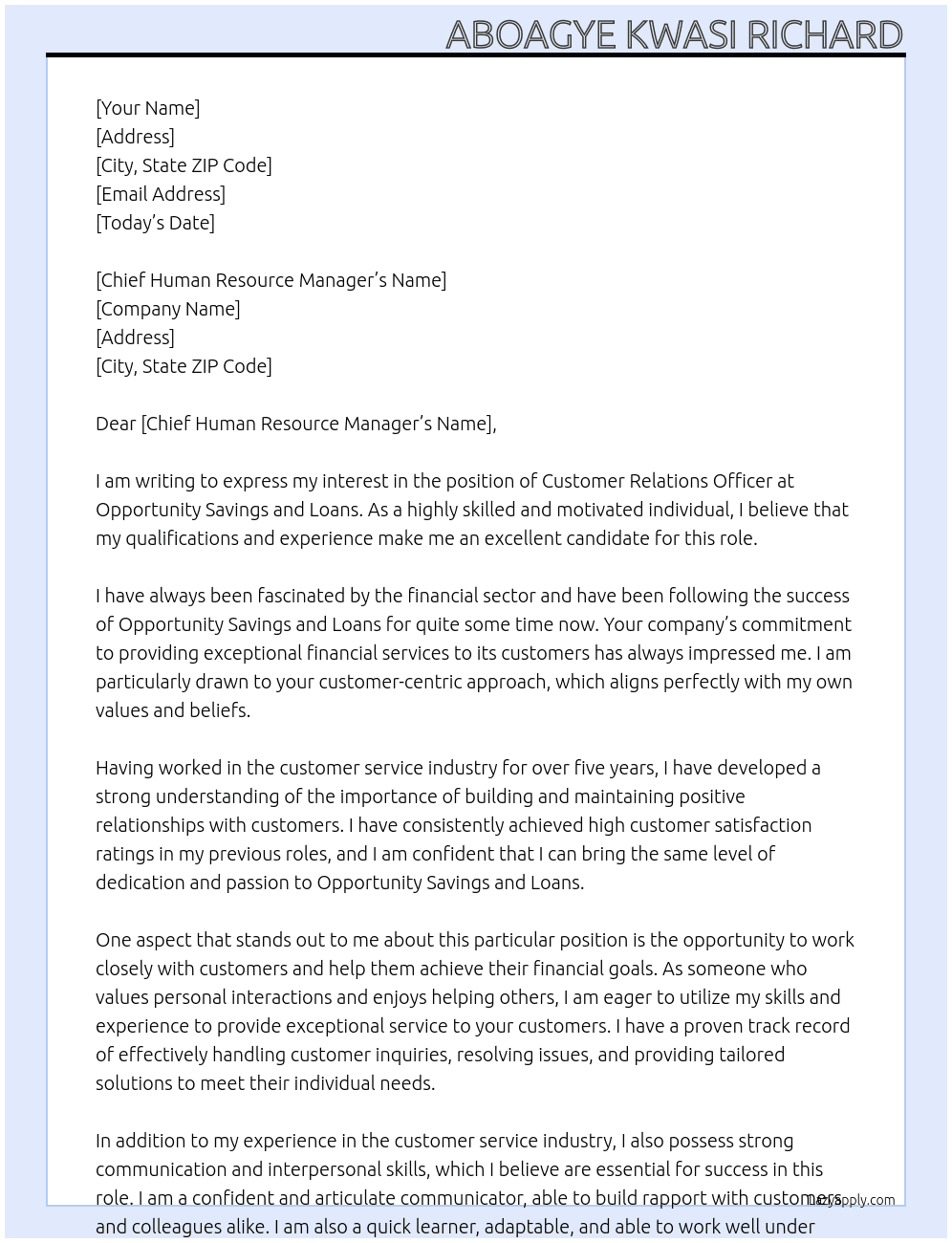 Customer relations officer At Opportunity savings and loans Cover Letter