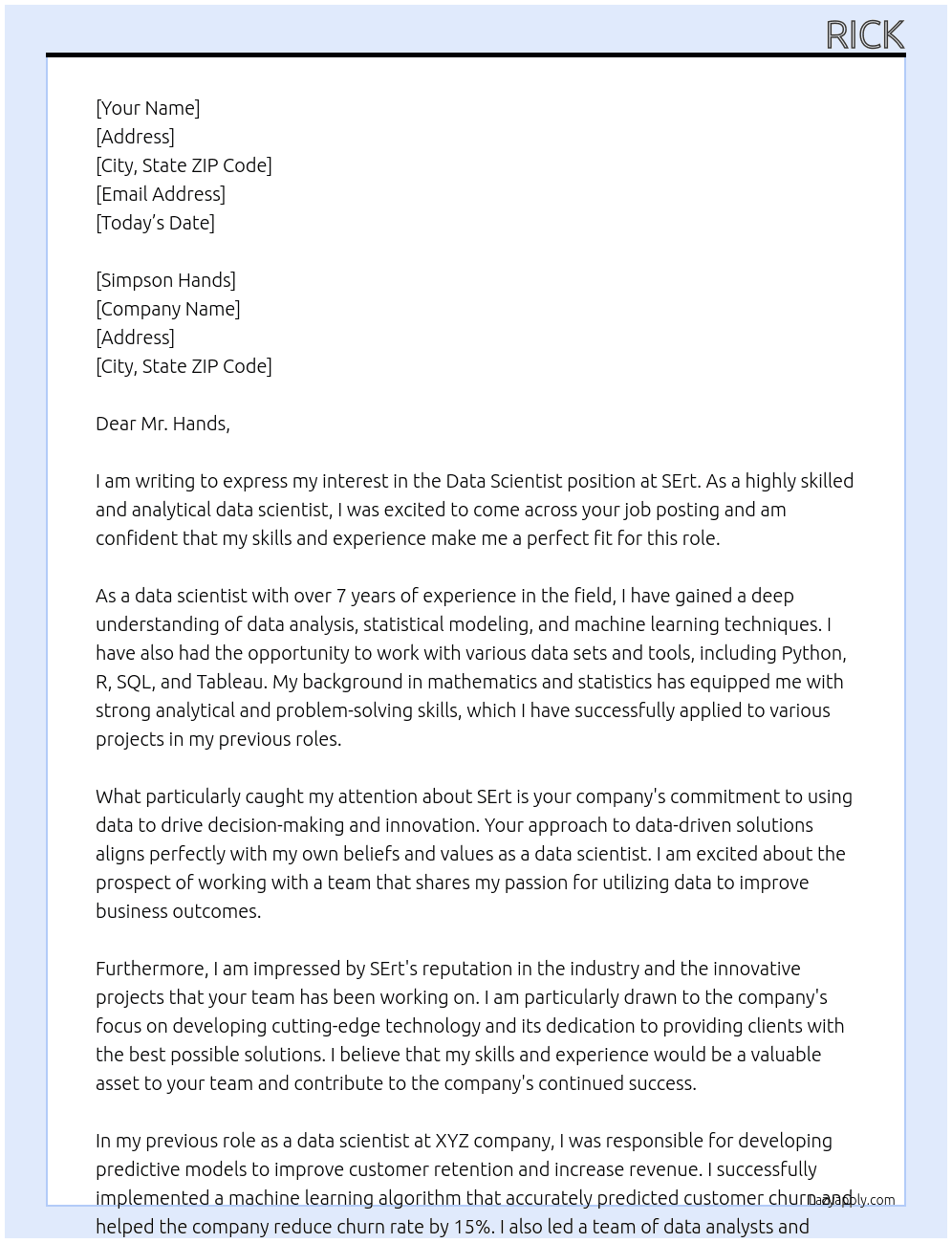 data scientist At SErt Cover Letter