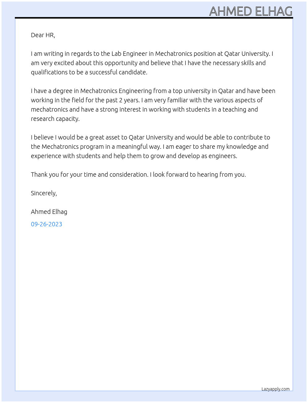 Lab Engineer in Mechatronics At Qatar University Cover Letter