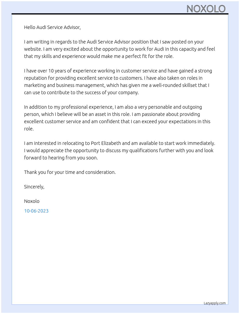 Audi Service Advisor  At Audi Service Advisor  Cover Letter