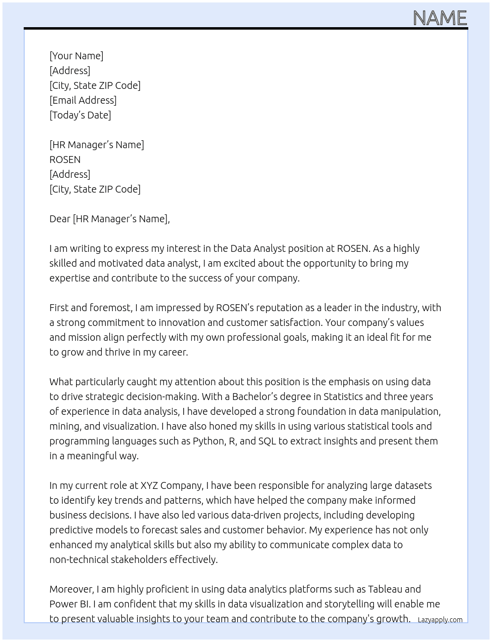 Data Analyst At ROSEN Cover Letter
