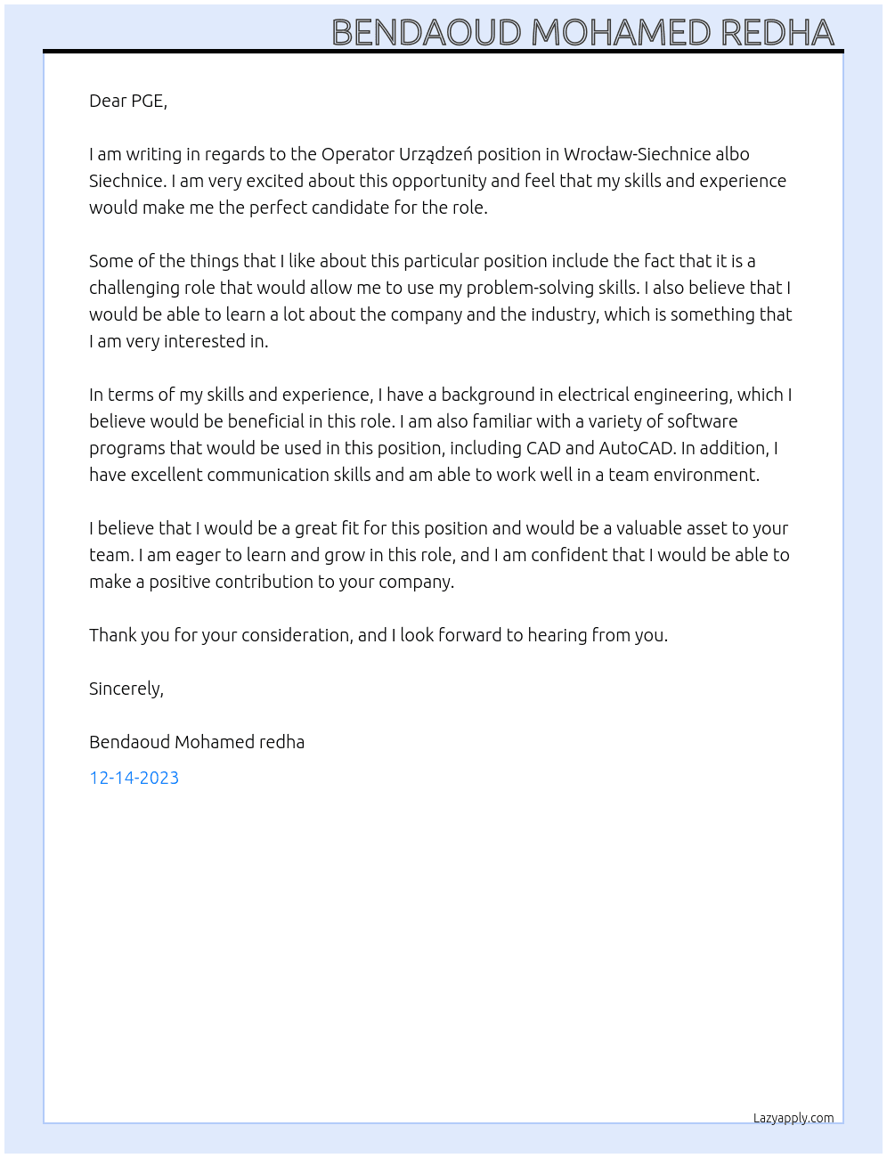Operator Urządzeń - Wrocław-Siechnice albo Siechnice At Pge Cover Letter