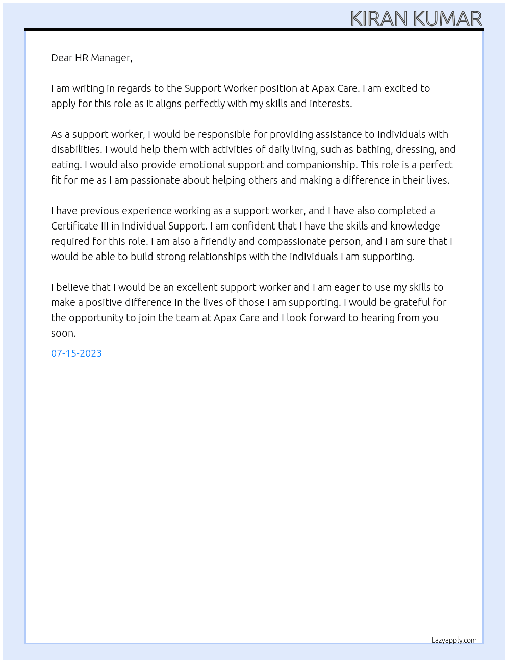 Support Worker At Apax Care Cover Letter