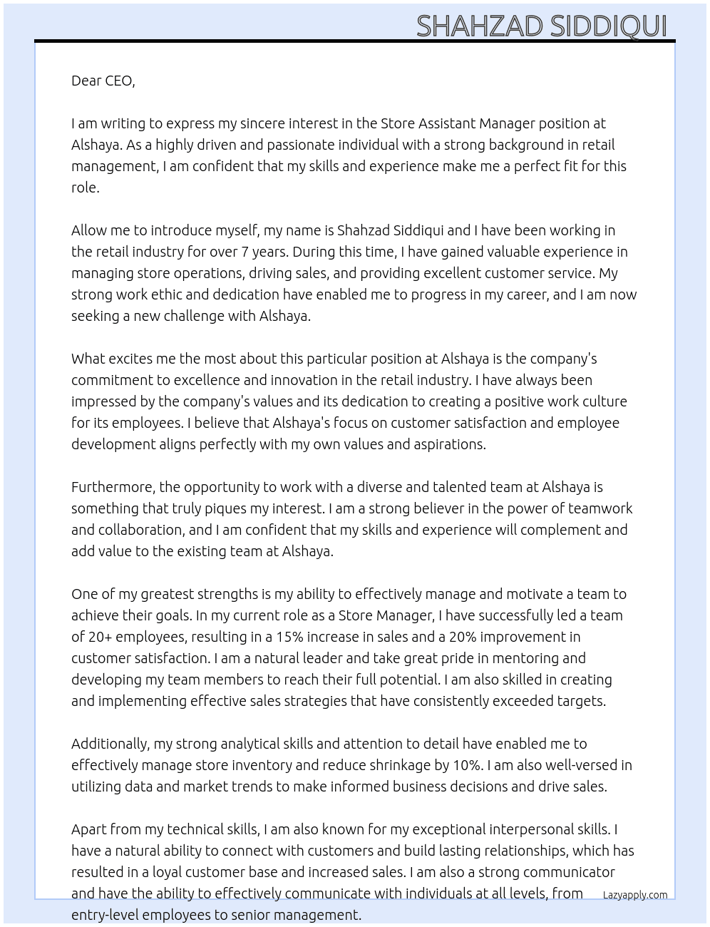 Store assistant manager  At Alshaya Cover Letter