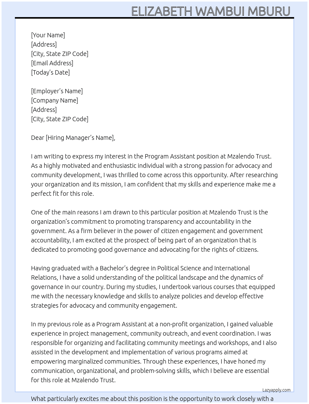 Program Assistant  At Mzalendo Trust Cover Letter