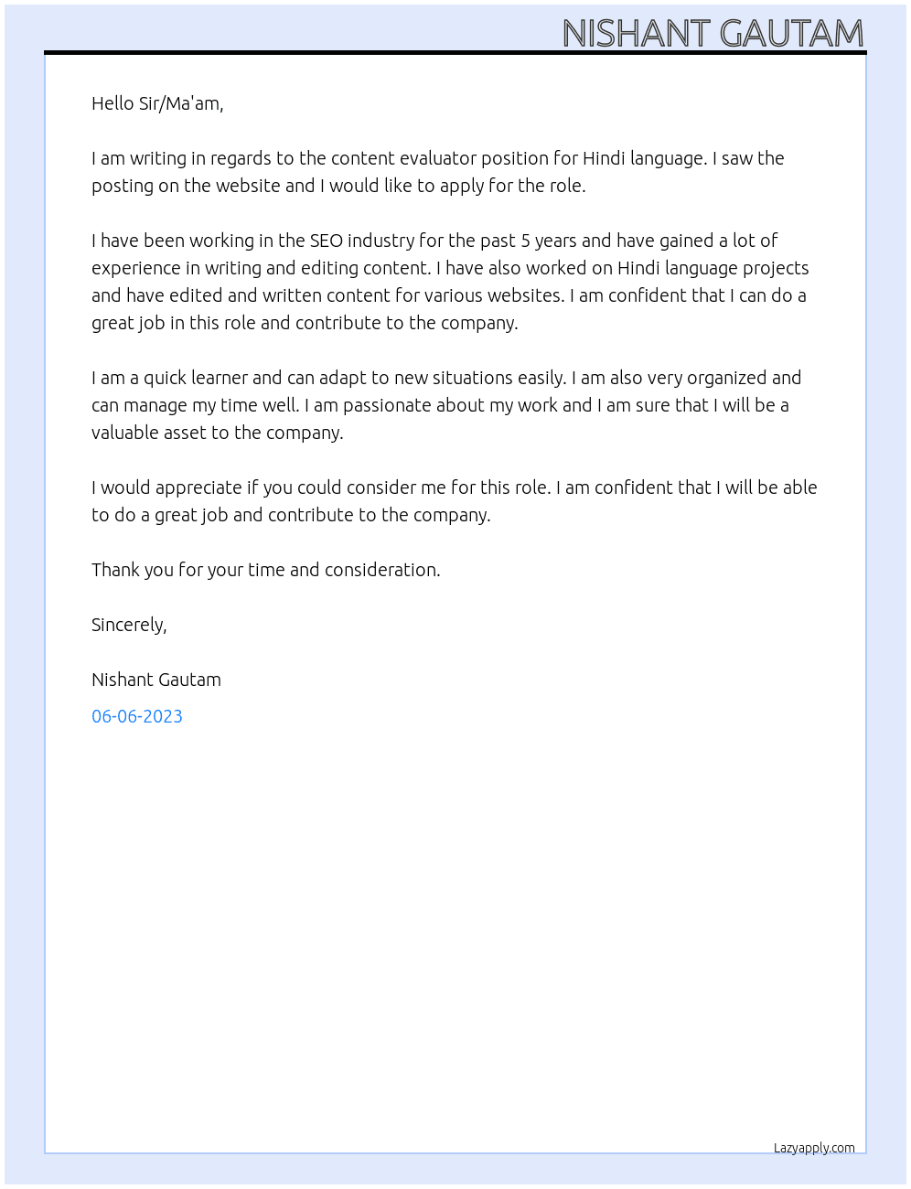 Content Evaluator- Hindi At 1021 creative Cover Letter