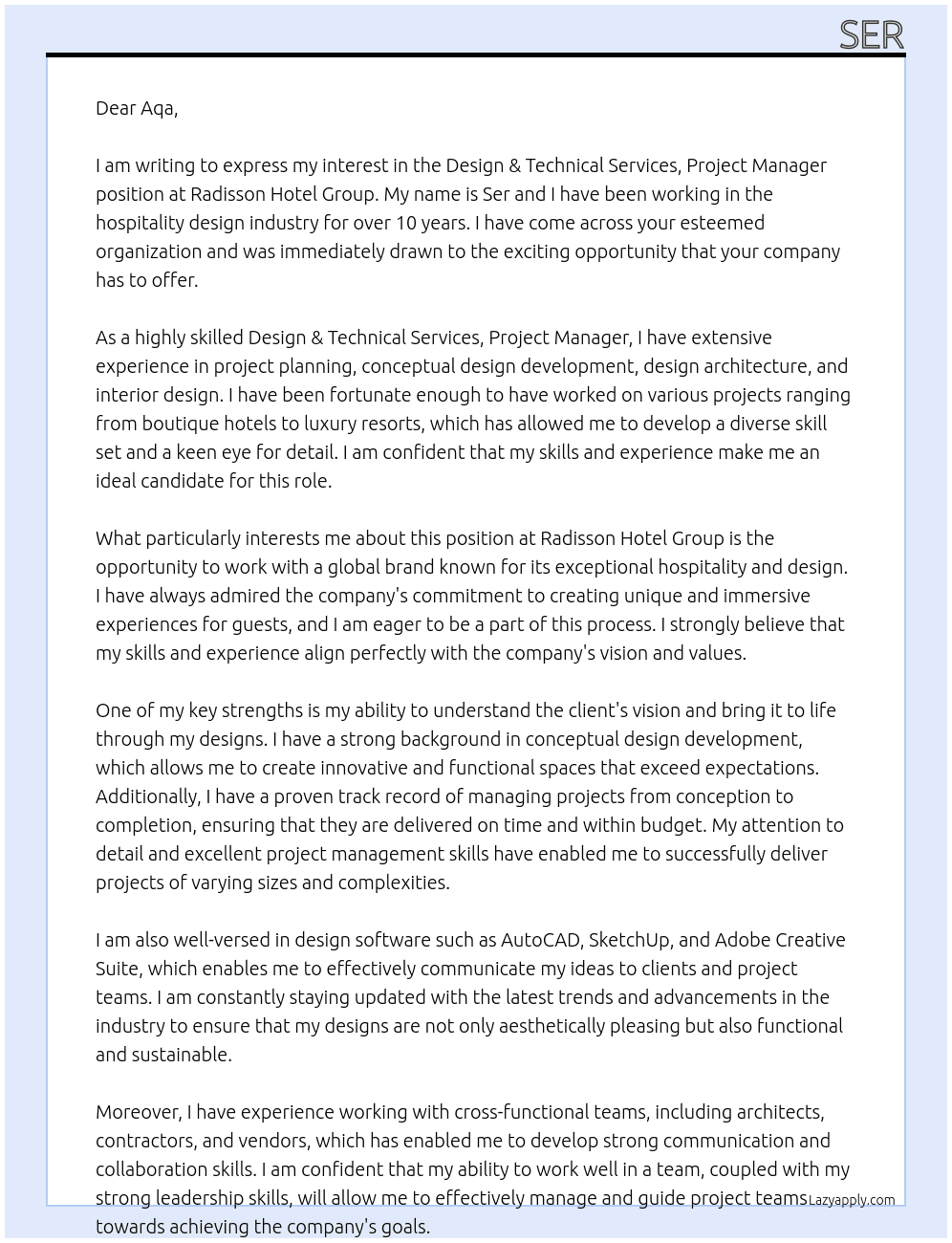 Design & Technical Services, Project Manager At radisson Hotel Group Cover Letter
