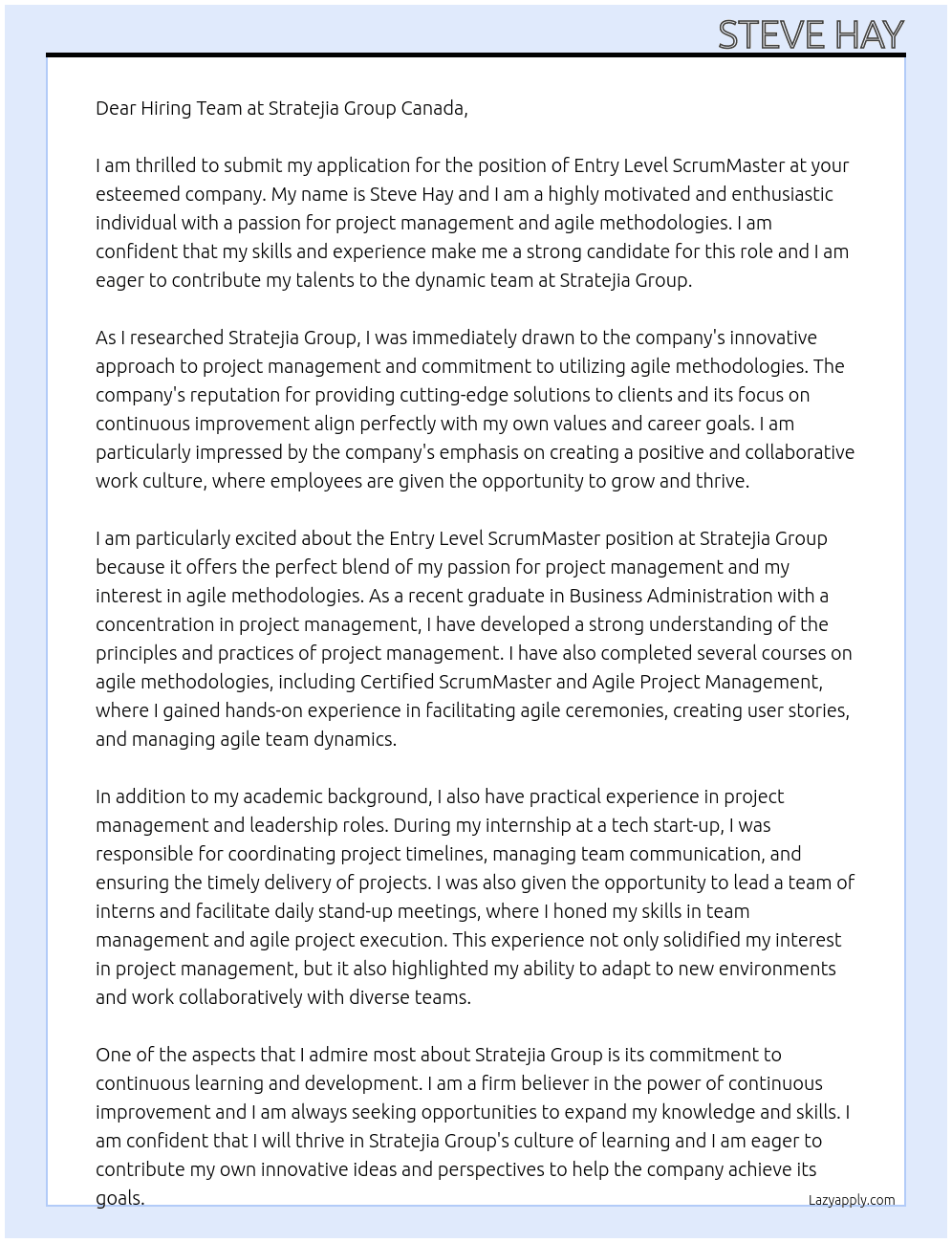 Entry Level ScrumMaster At Stratejia Group Canada Cover Letter