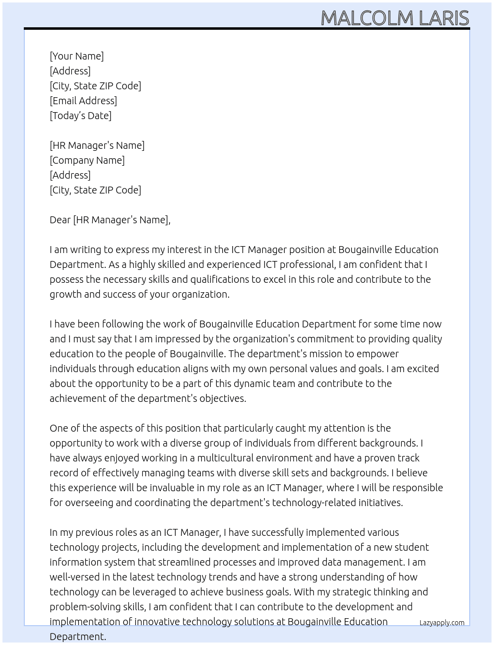ICT Manager At Bougainville Education Department Cover Letter