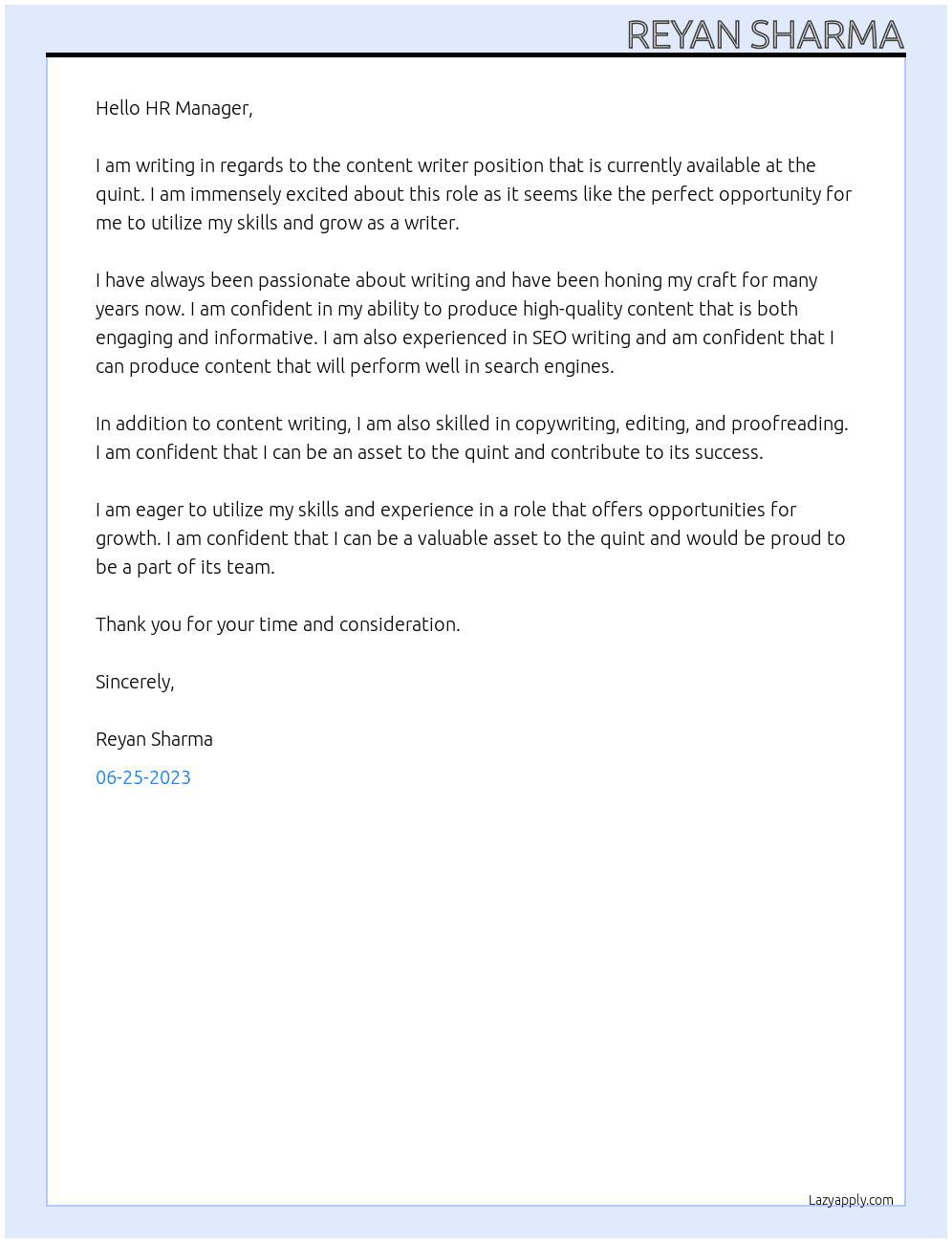 content writer  At the quint  Cover Letter