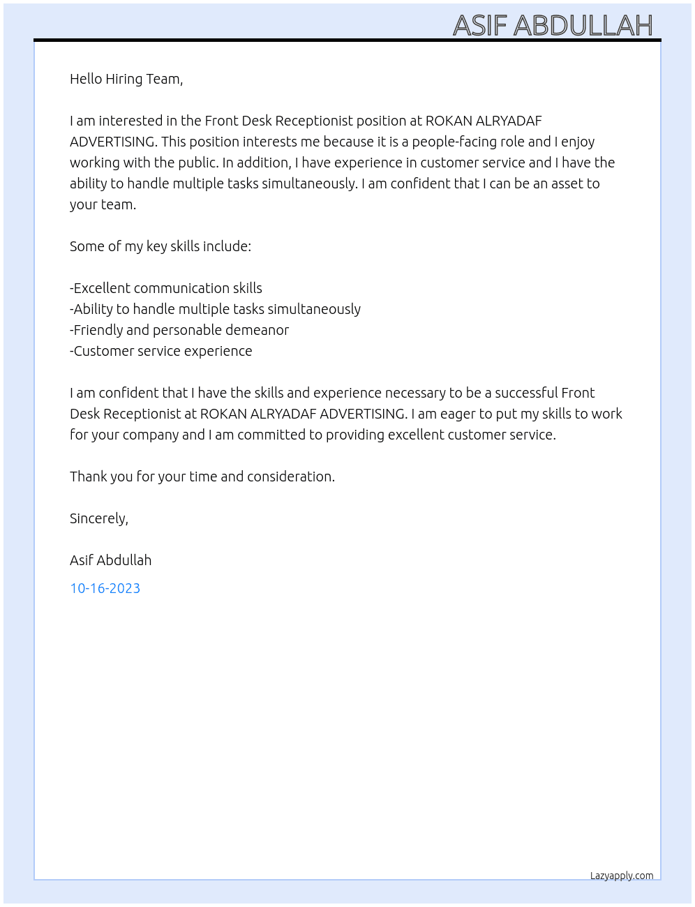 Front Desk Receptionist At ROKAN ALRYADAF ADVERTISING Cover Letter