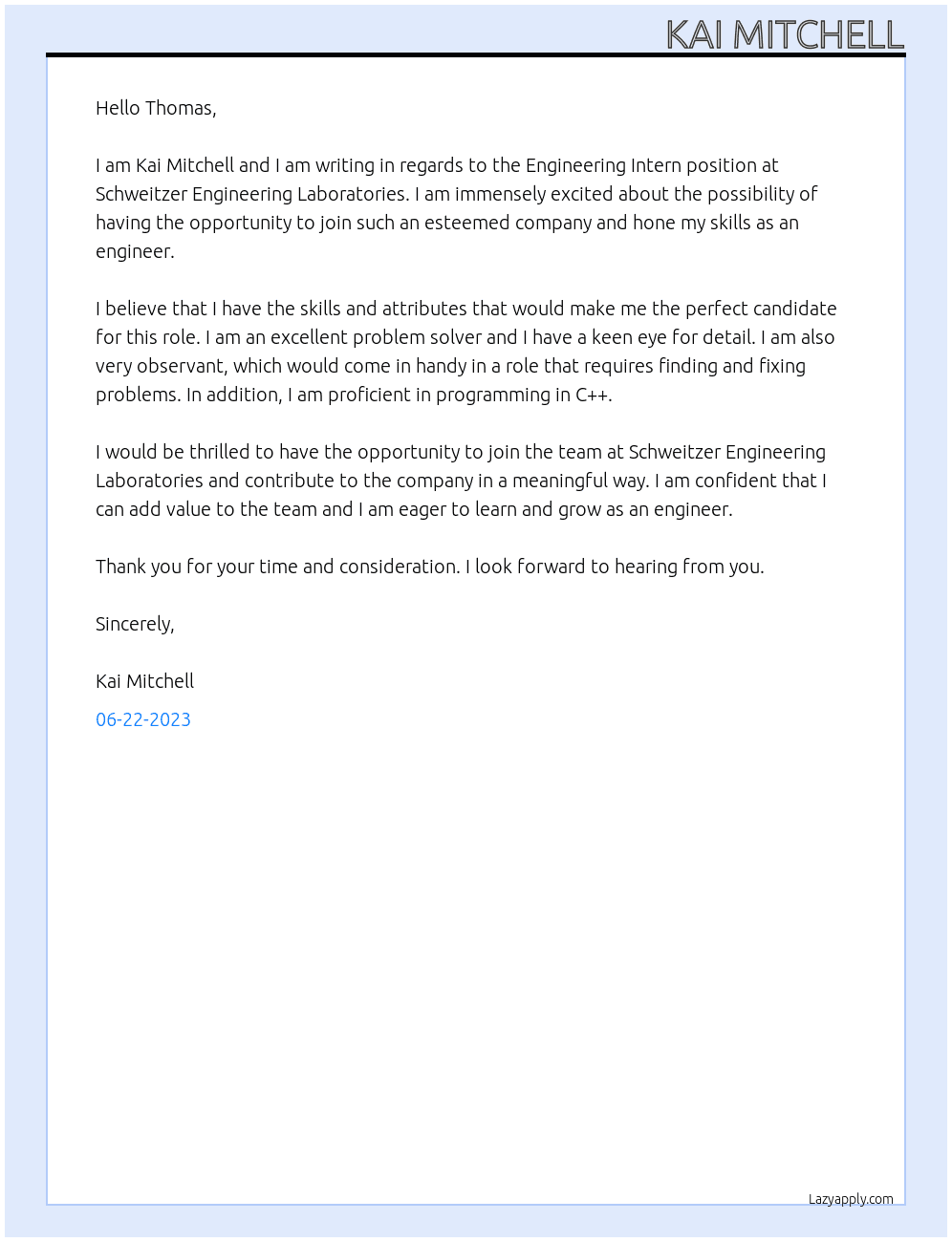 Engineering Intern At Schweitzer Engineering Laboratories Cover Letter