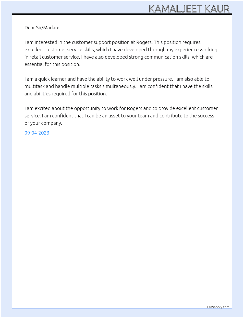 Customer support  At Rogers Cover Letter
