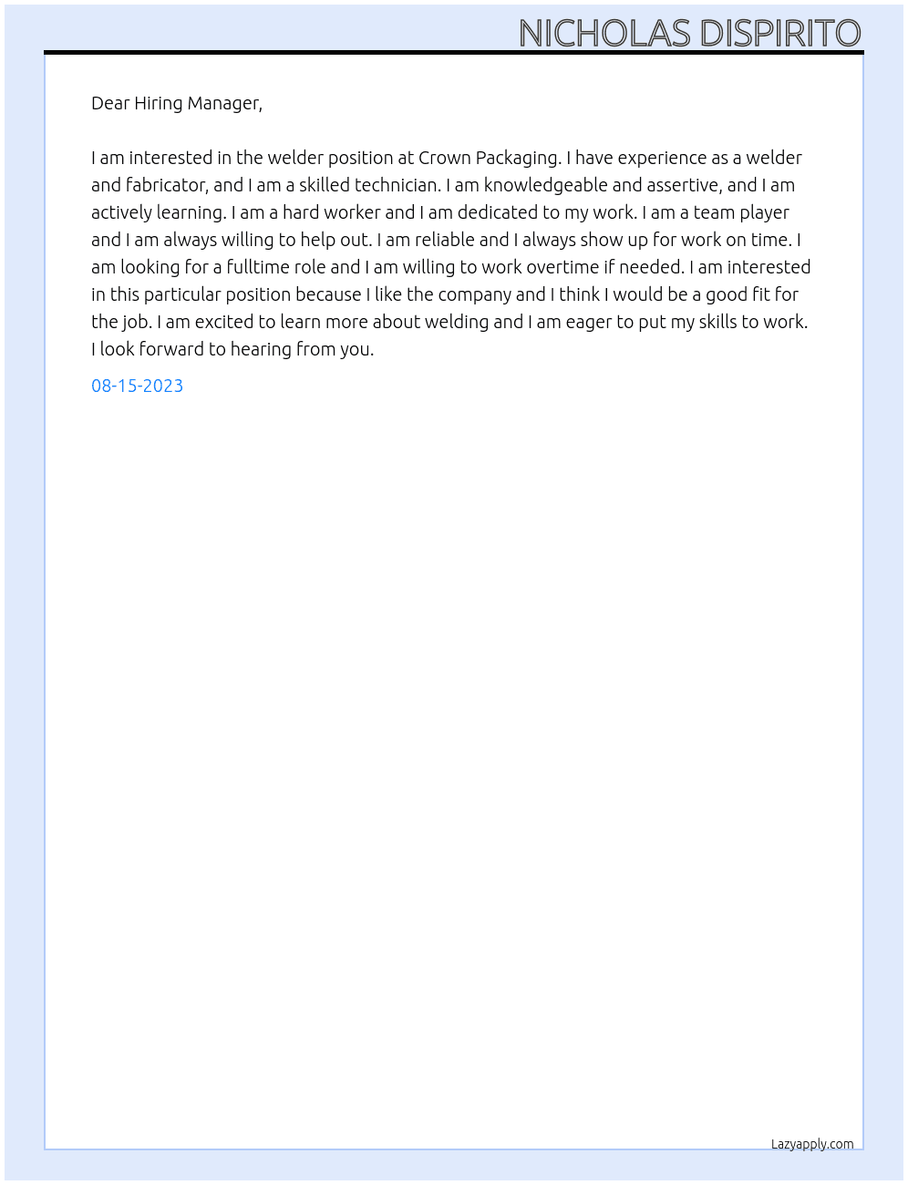Welder At Crown Packaging Cover Letter
