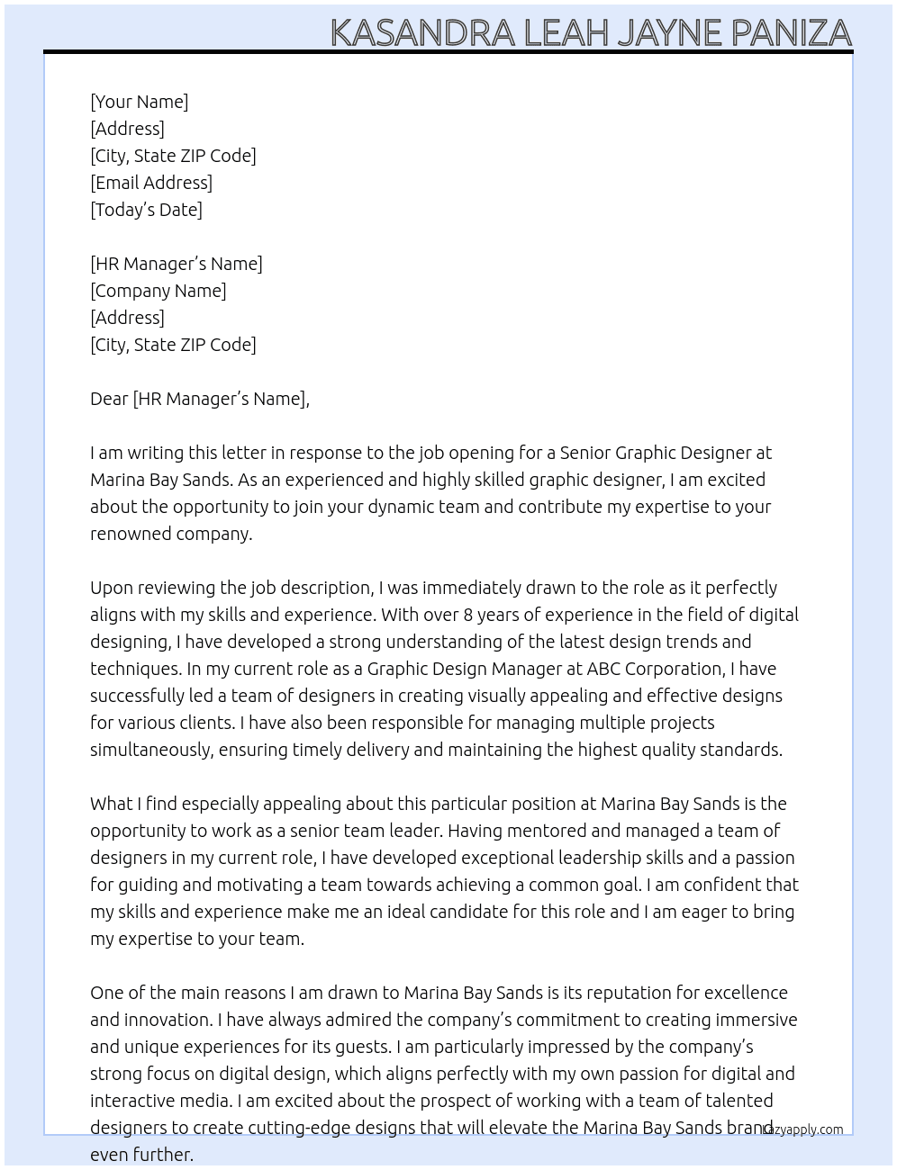 Senior graphic designer At Marina Bay sands Cover Letter
