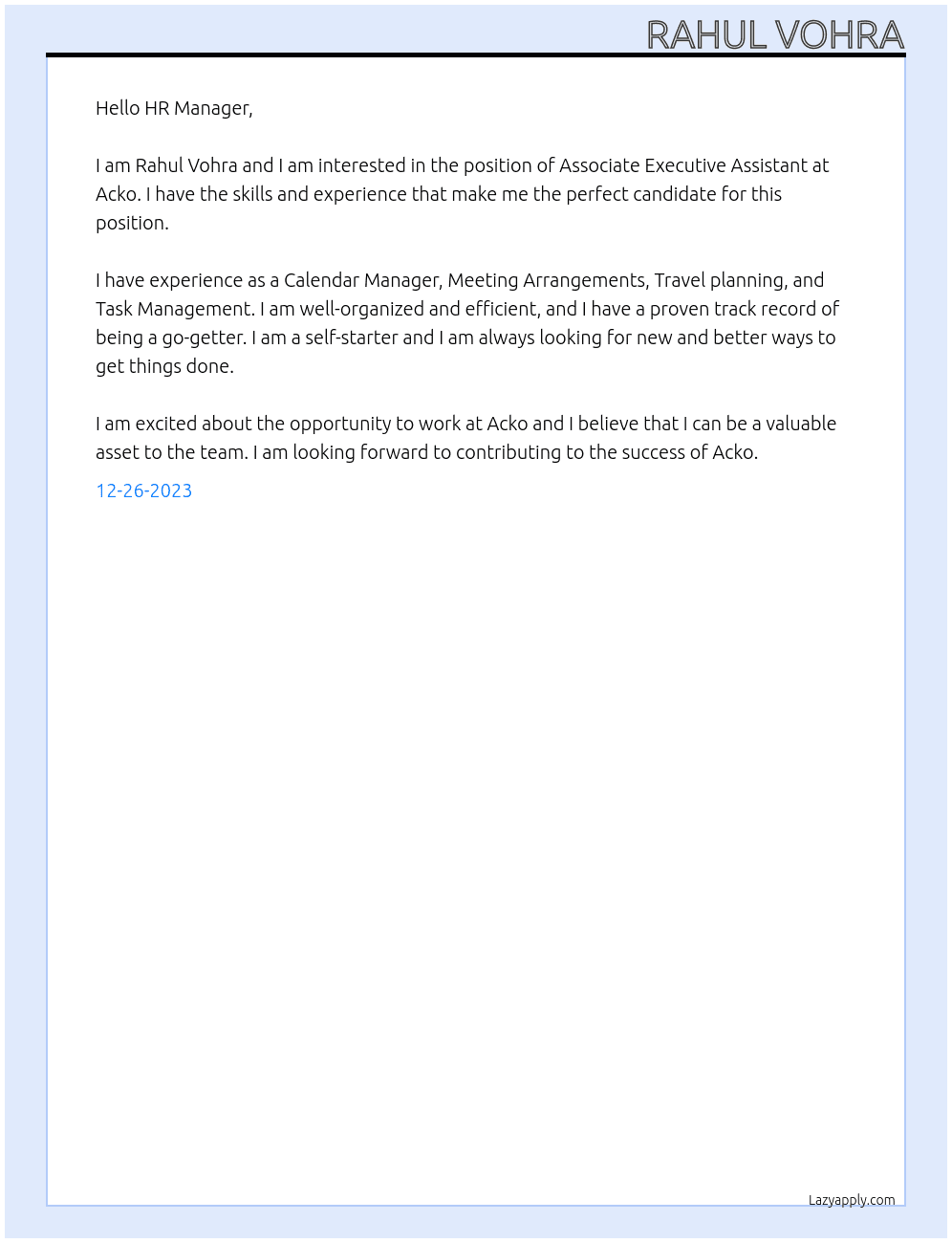 Associate Executive Assistant At Acko Cover Letter