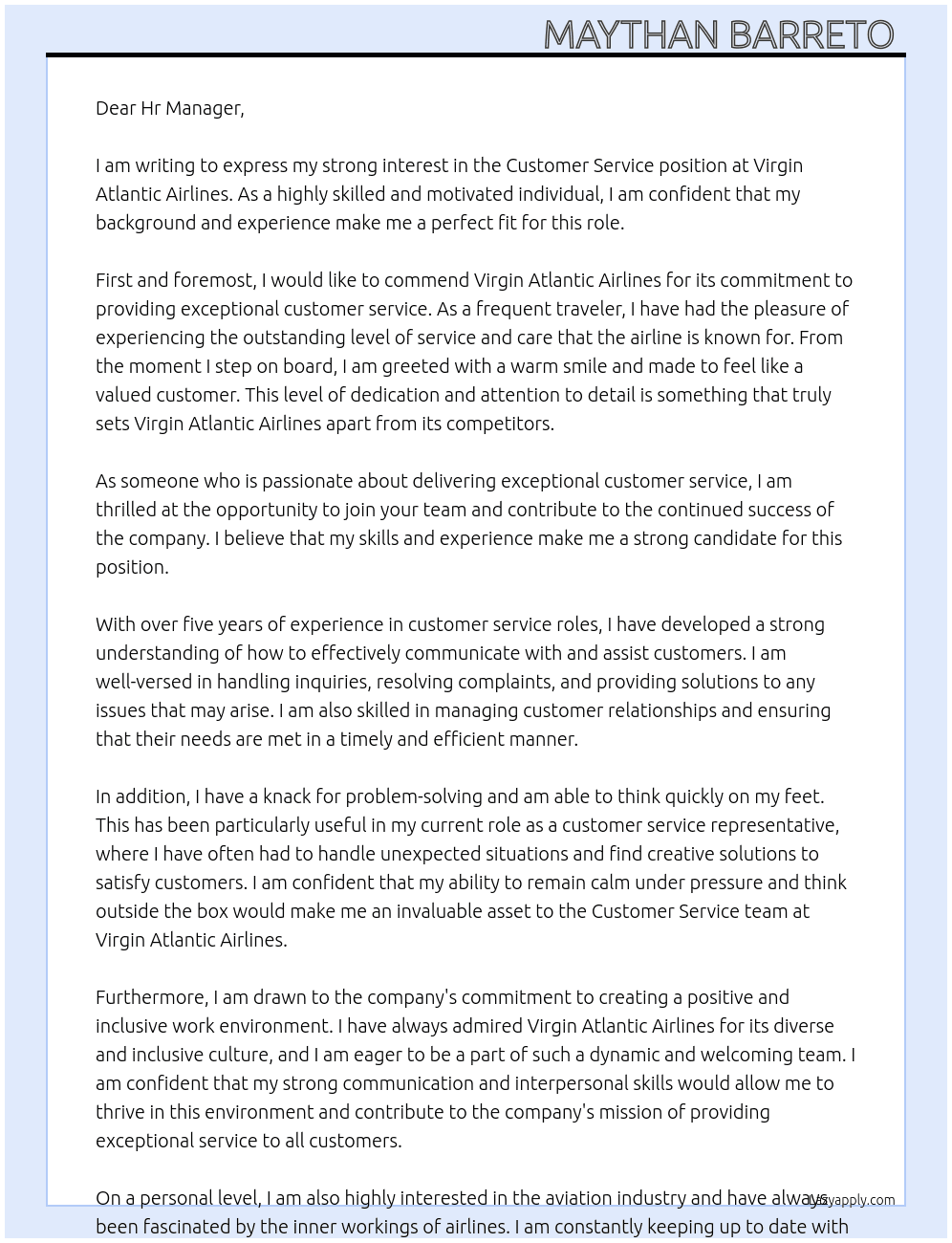 Customer service  At Virgin Atlantic Airlines  Cover Letter