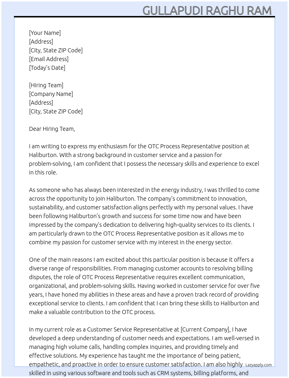 OTC process representative  At Haliburton  Cover Letter