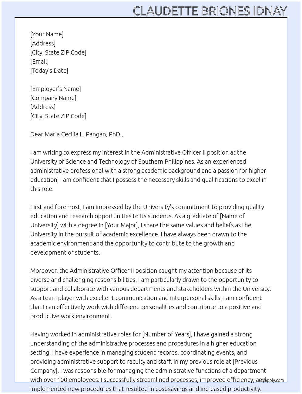 Administrative Officer II At University of Science and Technology of Southern Philippines Cover Letter