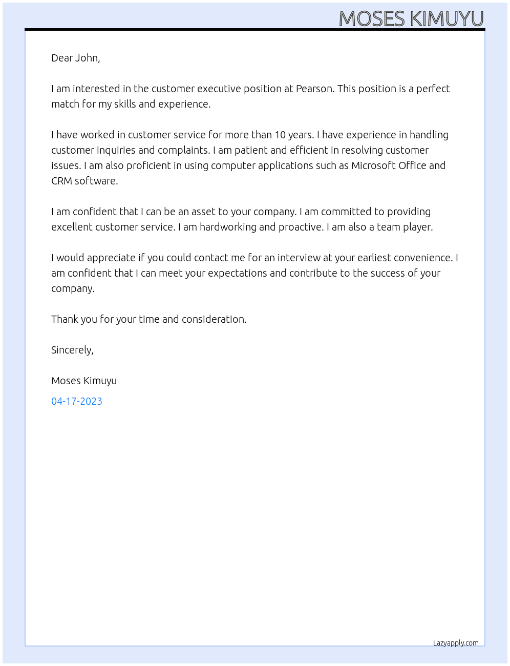 Customer Executive At Pearson Cover Letter