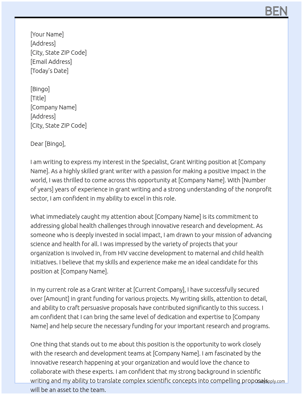 specialist, grant writing At iavi Cover Letter