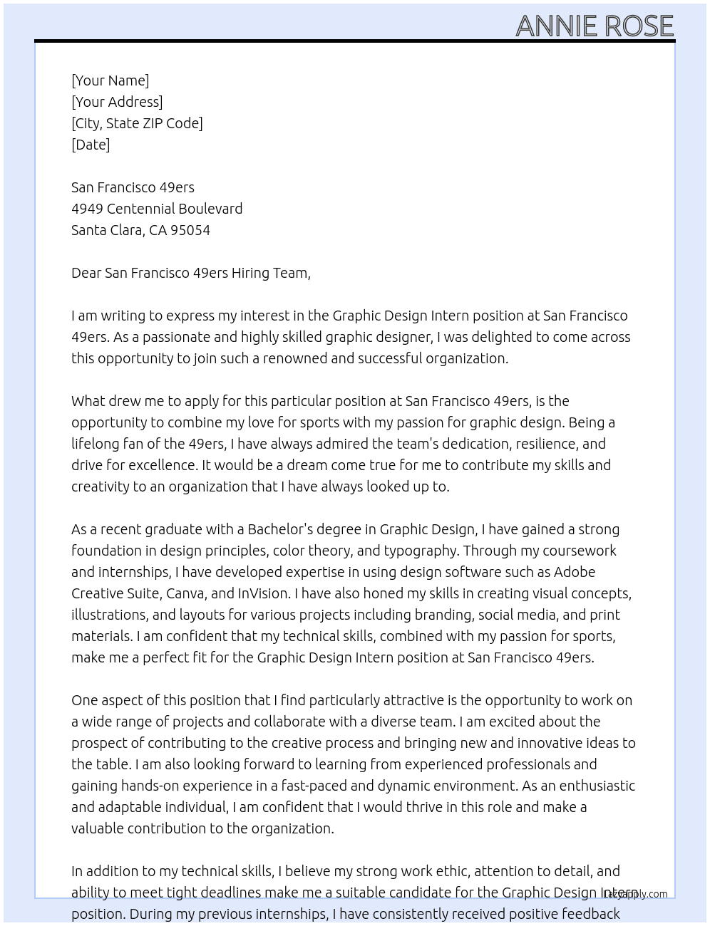 graphic design intern At San Francisco 49ers Cover Letter