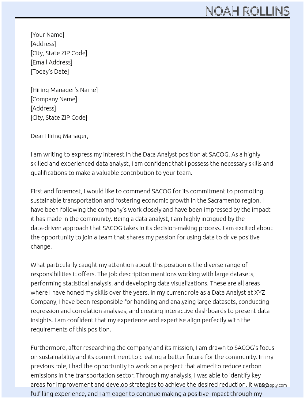 Data Analyst At SACOG Cover Letter