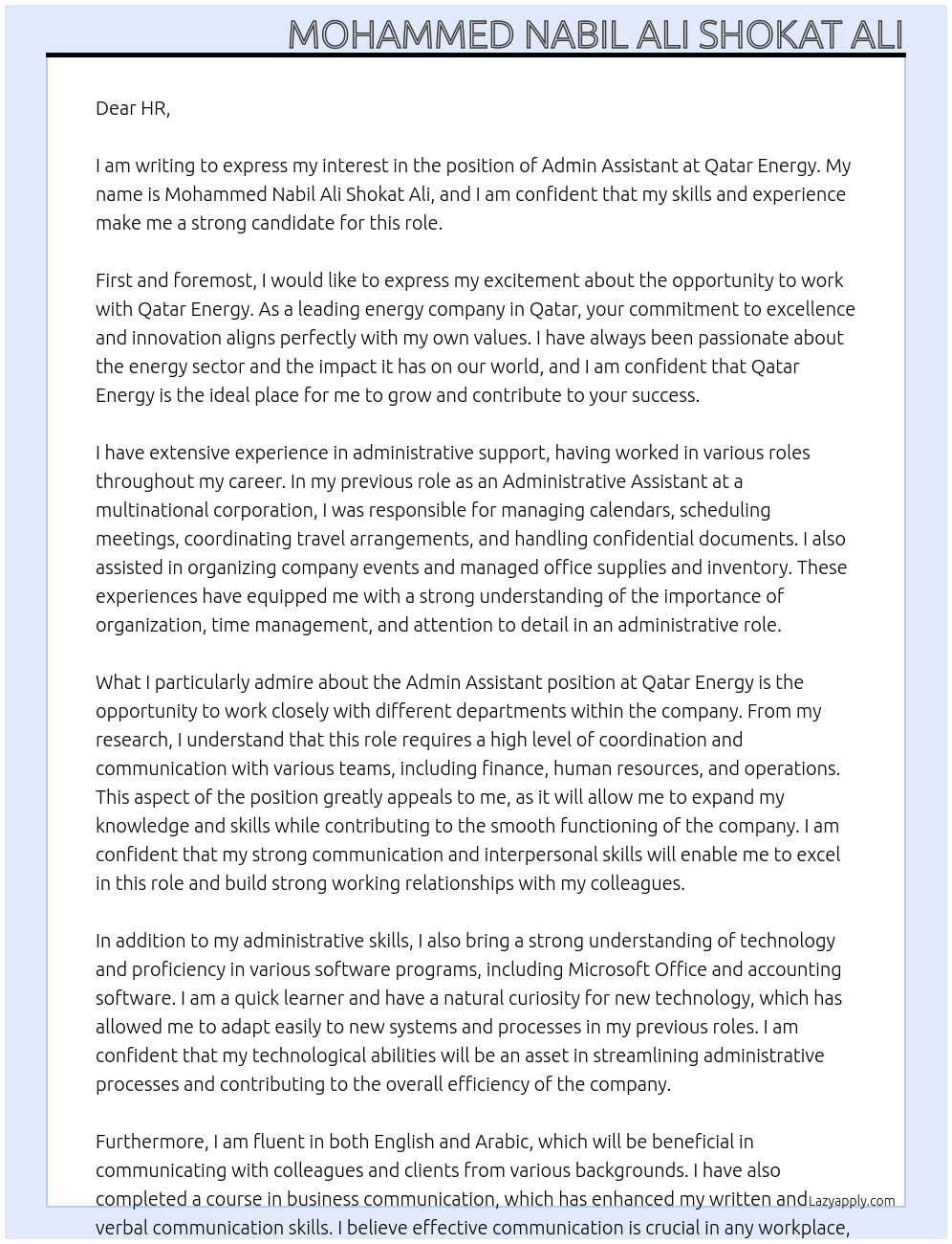 admin assistant At Qatar Energy Cover Letter