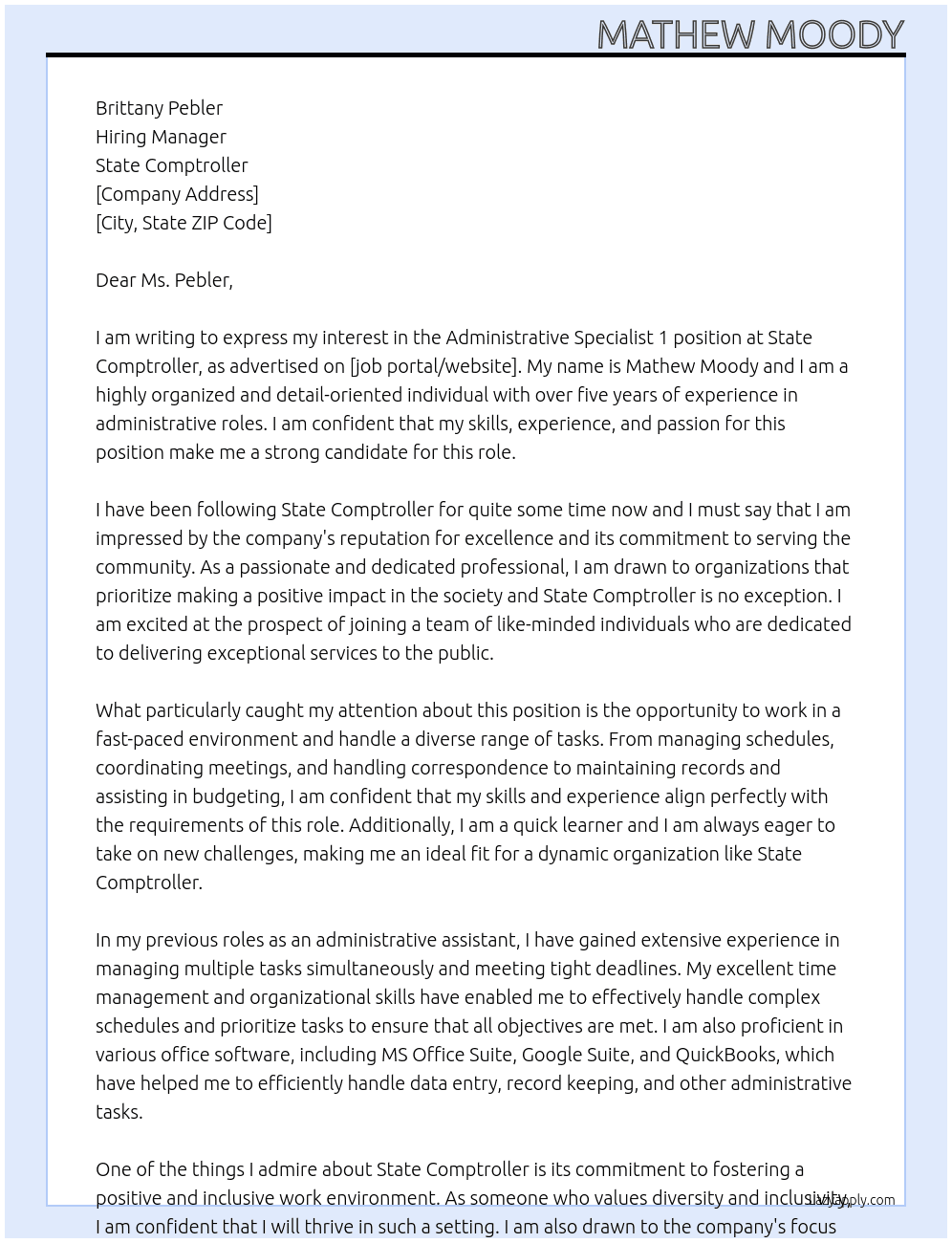 Administrative Specialist 1 At State Comptroller Cover Letter