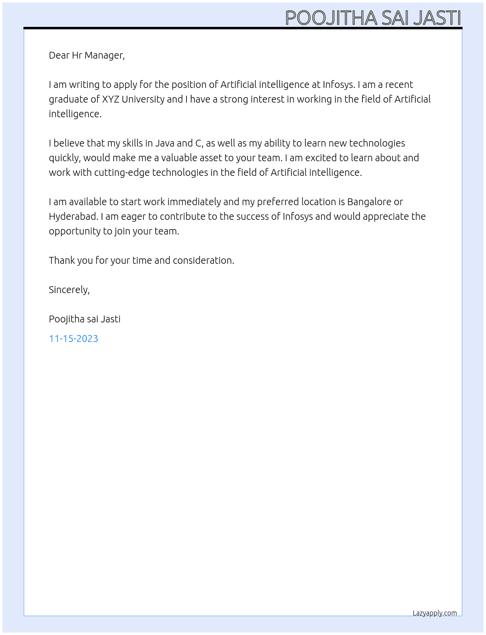 Artificial intelligence  At Infosys Cover Letter