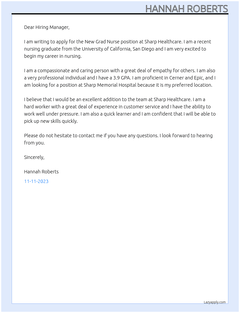 New Grad Nurse At Sharp Healthcare Cover Letter